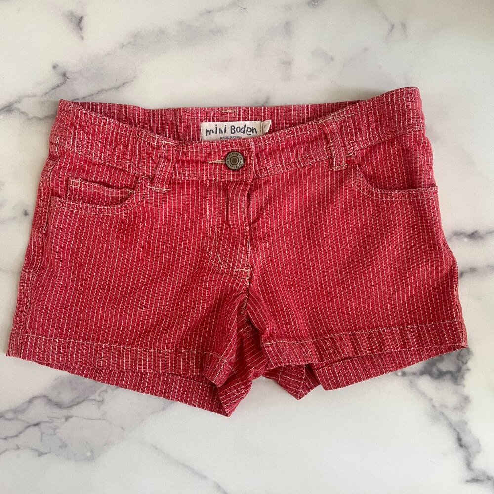 Mini Boden Girls' Pinstriped Heart Pockets Shorts, Strawberry/White, Size 9Y